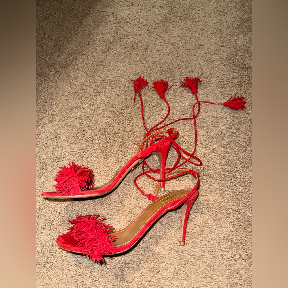 Aquazzura Red Fringe Ankle Strap Heels - Picture 5 of 6